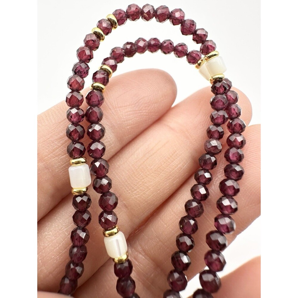 Natural Faceted Garnet Mother Of Pearl Bead Necklace 18”